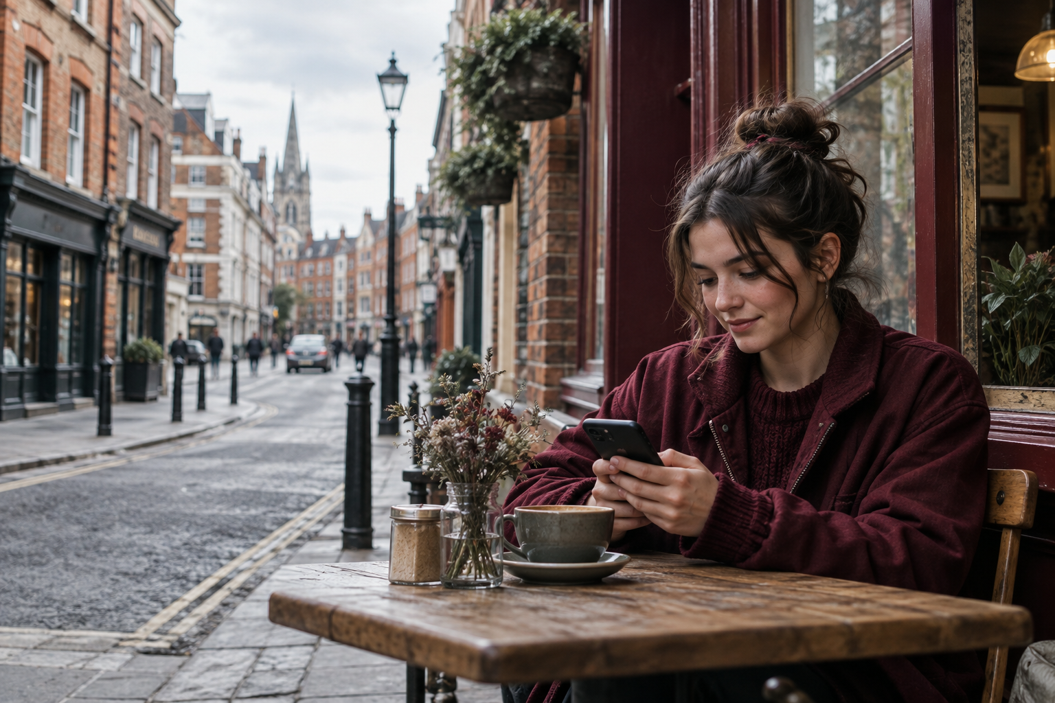 Illustrative scene of a person using a phone outside a British-style café